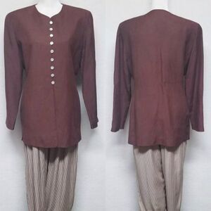 𝅺Vintage 80s Limited Silk Linen Brown Striped Pant Kurta Blazer Pantsuit